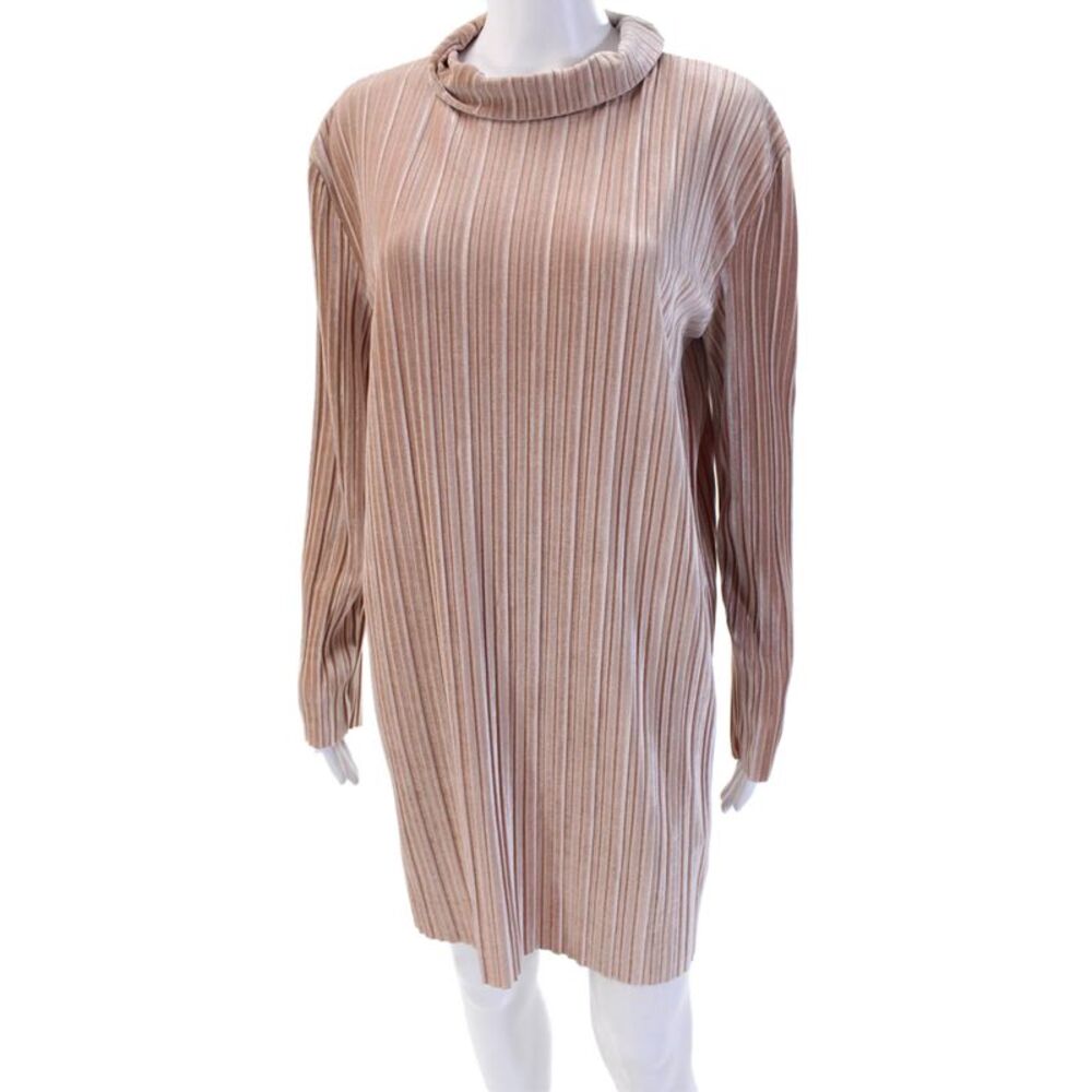 MPC Women Sweater Dress Beige Striped Mock Neck Long Sleeve Polyester Size M